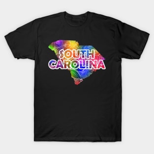 Colorful mandala art map of South Carolina with text in multicolor pattern T-Shirt